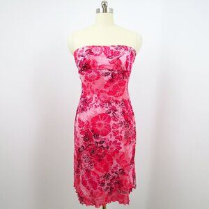 Zinc Strapless Pink Floral Print Dress Tulle Corset Back Flutter Hem M